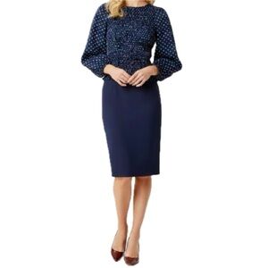 ICHI Danish Polka Dot Blouse Navy White Ruched Puff Sleeve Size 4 EUC